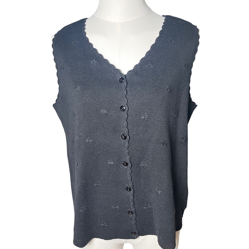 Cottagecore‎ Ramie Knit Vest Floral Embroidered Button Front Bentley Womens M